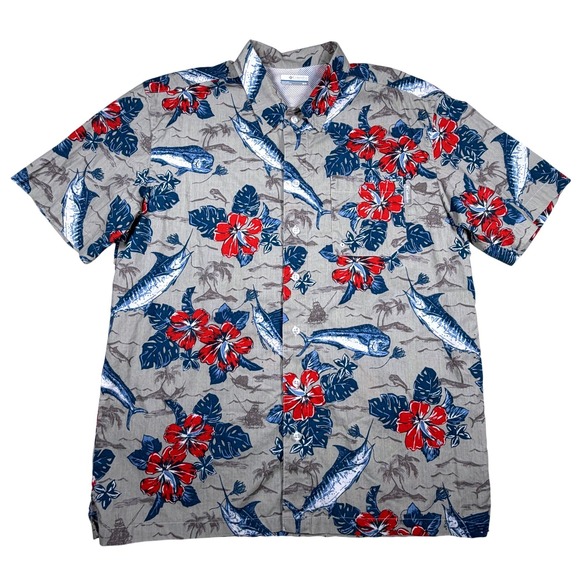 Columbia Other - Columbia PFG Mens Medium Marlin Mahi Hibiscus Tropical Fishing Shirt Blue Red